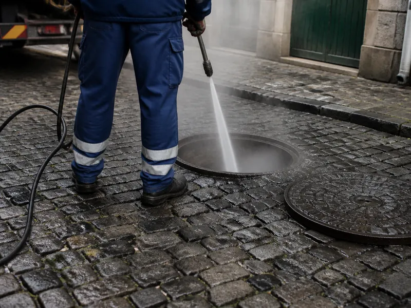 Limpieza de alcantarillado con agua a presión en una calle de Valencia